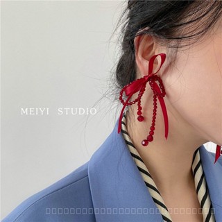 0912YWGM New Year Earrings Cute Red Bow Crystal Tassel Long Elegant Korean Online Red White Earrings for Women IIY9