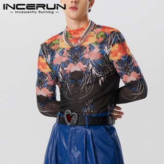 Incerun เสื้อยืดแขนยาว คอสูง พิมพ์ลาย สไตล์วินเทจ แฟชั่นสําหรับผู้ชาย