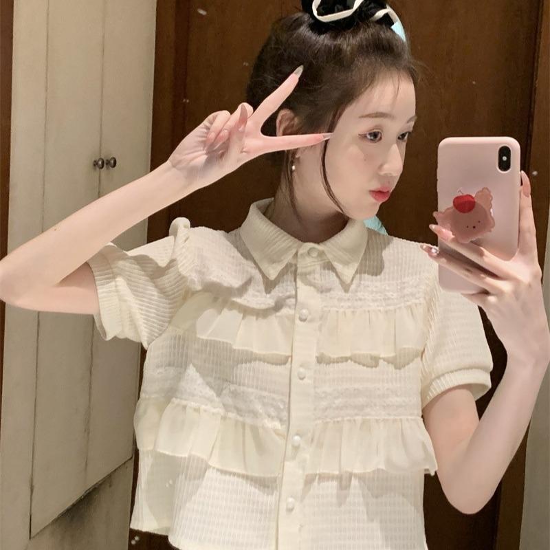 Littlebee W269 ใหม่ Nanisa เสื้อเชิ้ตแขนสั้นผู้หญิงคอโปโล สไตล์เกาหลี เส้นใยวิสโคสลูกไม้แขนสั้น ผ้านิ่ม ฟรีไซส์ พร้อมส่ง