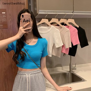 เสื้อครอปท็อป คอกลม แขนสั้น ผ้าถัก สีพื้น แฟชั่นฤดูร้อน สําหรับผู้หญิง