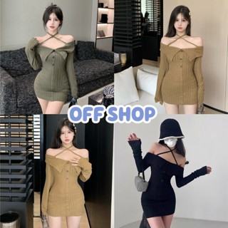 OFF SHOP พร้อมส่ง (OFF-58097) ชุดเดรสไหมพรมแขนยาว สไตล์เดาหลี เปิดไหล่เซ็กซี่นิดๆ -C