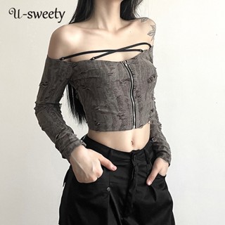 U-sweety เสื้อยืดแขนยาว เปิดไหล่ มีซิป เข้ารูป สีพื้น สําหรับผู้หญิง 2023