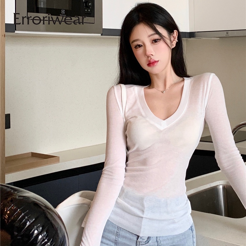 Erroriwear เสื้อยืดแขนยาว คอวี เข้ารูป สําหรับผู้หญิง 2023