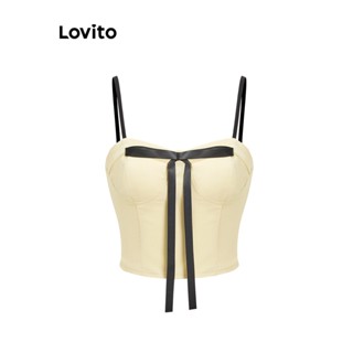 Lovito เสื้อแขนกุด แบบสม็อค แต่งโบ สีพื้น สไตล์น่ารัก สำหรับผู้หญิง L58AD007 (สีออฟไวต์)