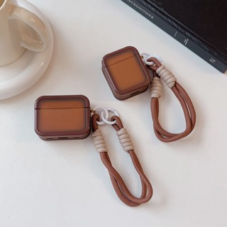 เคสหูฟังเจลนิ่ม กันกระแทก พร้อมสายคล้องมือ สีน้ําตาล สําหรับ AirPods 1 2 Pro 3 (2021) Pro 2