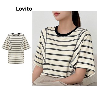 Lovito เสื้อยืดลําลอง ลายทาง อเนกประสงค์ สําหรับผู้หญิง L61AD125 (สีขาวออฟไวท์)