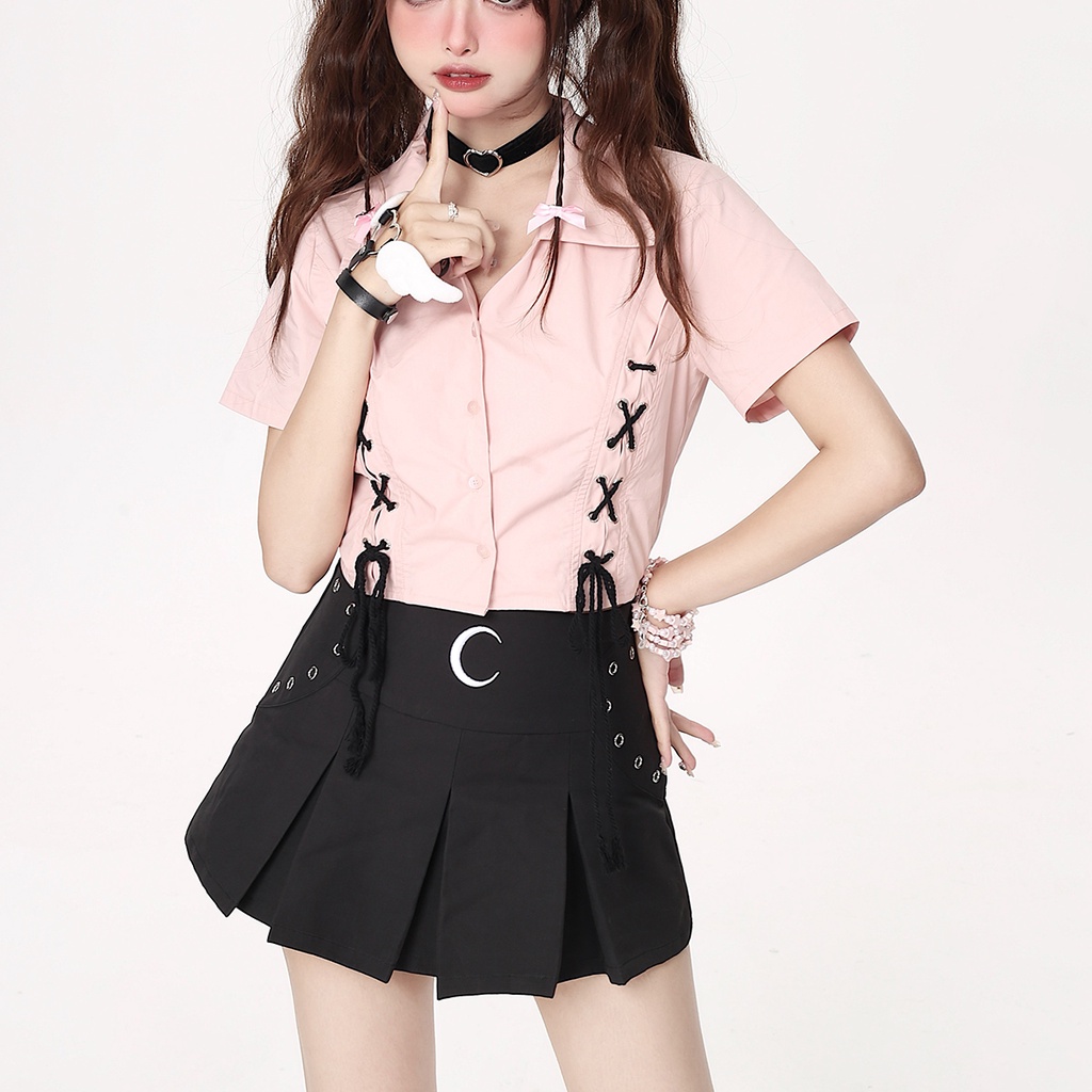 เสื้อเชิ้ตแขนสั้น เปิดไหล่ เข้ารูป ประดับโบว์ แฟชั่นฤดูร้อน สําหรับผู้หญิง มีสีดํา สีชมพู