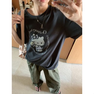 เสื้อยืดแขนสั้นลําลอง คอกลม พิมพ์ลายการ์ตูนคิตตี้น่ารัก ขนาดใหญ่ แฟชั่นฤดูร้อน สําหรับสตรี