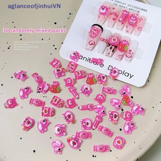 [aglanceofjinhui] อุปกรณ์ตกแต่งเล็บเรซิ่น ลายหมีสตรอเบอร์รี่ 3D สีชมพู สําหรับตกแต่งเล็บ DIY 30 ชิ้น [ZKM]