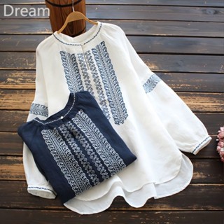 Long sleeve embroidered round neck mid-length cotton shirt Spring and Autumn new artistic ethnic style shirt large size