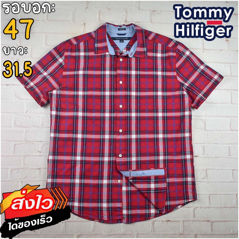 Tommy Hilfiger®แท้ อก 47 เสื้อเชิ้ตผู้ชาย ทอมมี่ ฮิลฟิกเกอร์ สีแดง แขนสั้น เนื้อผ้าดี