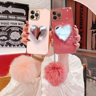 เคสโทรศัพท์มือถือแบบนิ่ม TPU มีทรายไหล แต่งกลิตเตอร์ เพชร หัวใจ พร้อมสายคล้องลูกบอลขน สําหรับ Samsung Galaxy A10 Samsung A10S Samsung A11 Samsung A12 Samsung A13