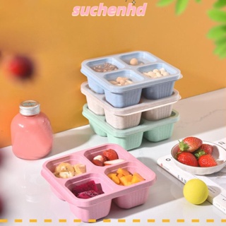 Suchenhd จานผลไม้ ขนมขบเคี้ยว สลัว ซํา นัท ฟางข้าวสาลี กล่องขนม ฝาใส ใช้ซ้ําได้ แบ่งสี่ช่อง กล่องอาหารกลางวัน สําหรับผู้ใหญ่