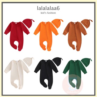 Laa6- ชุดจั๊มสูท คอกลม แขนยาว มีซิป สีพื้น พร้อมหมวก สําหรับเด็กทารก