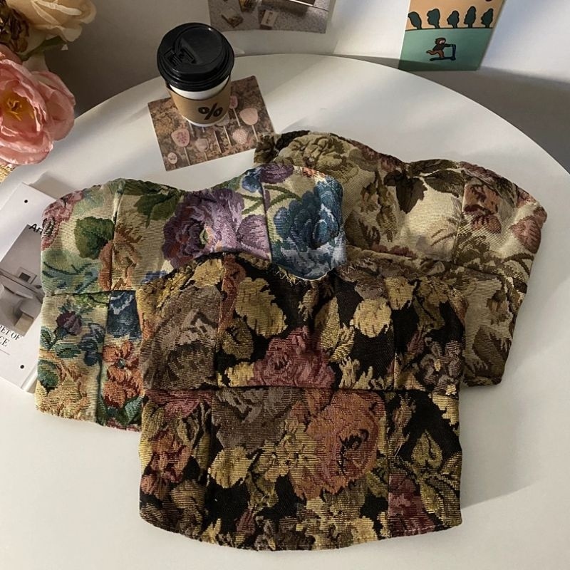 Pudding ~พร้อมส่ง~ "FY2217-1"เสื้อเกาะอกลายดอกไม้ มีฟองน้ำ สีสันหลากสี  -H