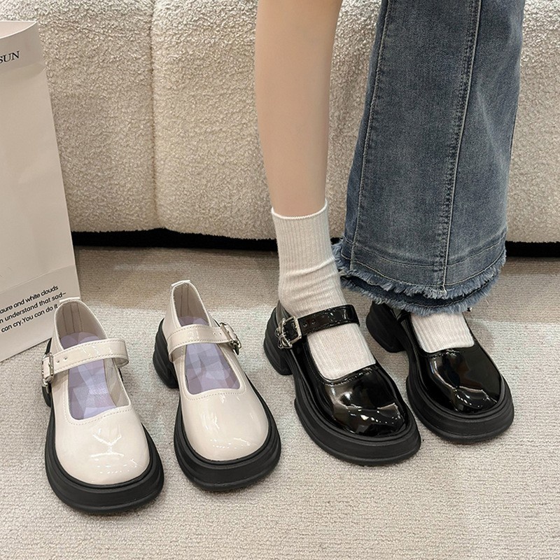 พร้อมส่งจากไทย รองเท้าแมรี่เจนแพลตฟอร์มฝรั่งเศส หัวเข็มขัดโบว์ หัวกลม สวมใส่สบาย