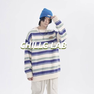 Chillg LAB เสื้อกันหนาว ผู้ชาย ฤดูใบไม้ร่วงและฤดูหนาว แบรนด์อินเทรนด์ วินเทจ ลายทาง หลวม ขี้เกียจ ลมอ่อนโยน ญี่ปุ่น ย้อนยุค ขี้เกียจ นุ่ม เสื้อกันหนาว