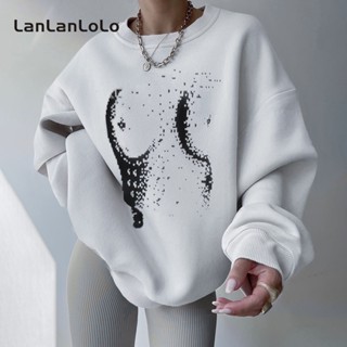 Lanlanlolo เสื้อลําลอง แขนยาว คอกลม พิมพ์ลาย ทรงหลวม เข้ากับทุกการแต่งกาย แฟชั่นสําหรับสตรี 2023