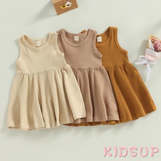 Kidsup1- ชุดเดรสทรงเอ แขนกุด คอกลม สีพื้น แฟชั่นฤดูร้อน สําหรับเด็กผู้หญิง