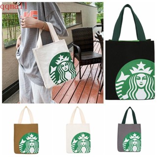 Qqmall กระเป๋าถือ ผ้าแคนวาส พิมพ์ลาย Starbucks สไตล์เกาหลี เข้ากับทุกการแต่งกาย สําหรับใส่กล่องอาหารกลางวัน