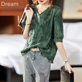 Korean style large size womens fashion temperament V-neck loose high-end top middle sleeve embroidered shirt