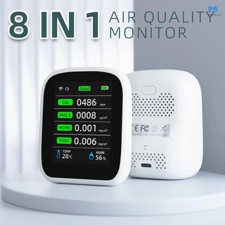 Tuya เครื่องวัดคุณภาพอากาศ Wifi แบบพกพา 8in1 PM1.0 PM2.5 PM10 CO2 TVOC HCHO เครื่องทดสอบอุณหภูมิและความชื้น หน้าจอสี LCD เครื่องตรวจจับคาร์บอนไดออกไซด์ พร้อมเวลาและวันที่ Functio