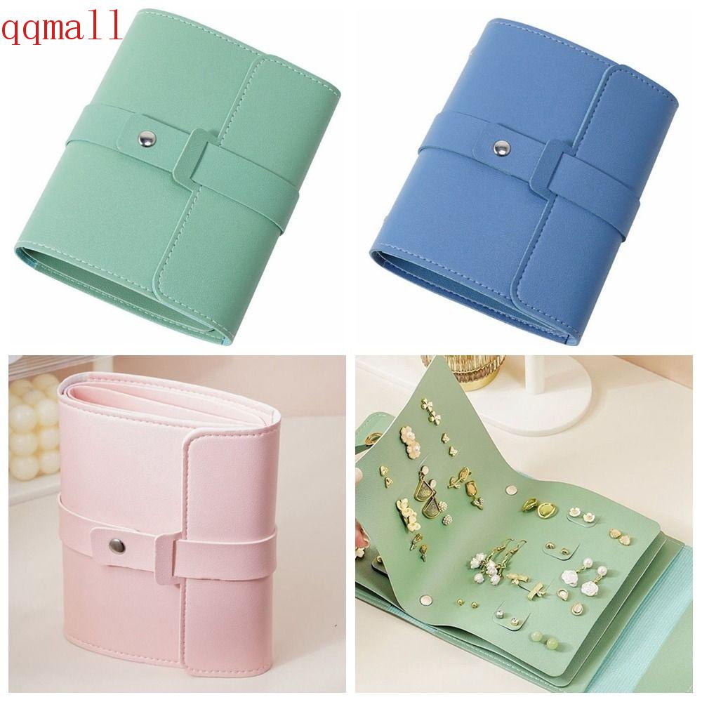 Qqmall กระเป๋าเครื่องประดับ ต่างหู หนัง PU นิ่ม แบบพกพา อเนกประสงค์ สีพื้น สําหรับเก็บหนังสือ เดินทาง