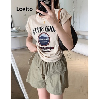 Lovito เสื้อยืด พิมพ์ลายตัวอักษร แบบผูกเชือก ลําลอง สําหรับผู้หญิง LNE21185 (สีกากี)