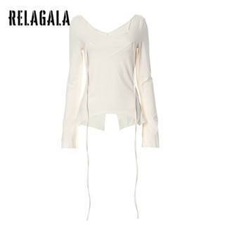 Relagala เสื้อยืดแขนยาว คอสี่เหลี่ยม แต่งสายคล้องคอ สีพื้น สําหรับผู้หญิง 2023