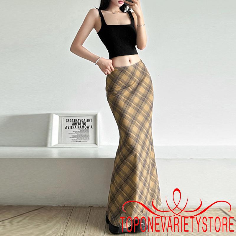 Topone-ผู้หญิงกระโปรงยาวลายสก๊อตแพคเกจสะโพกกระโปรงvintage Slim FITกระโปรงStreetwear