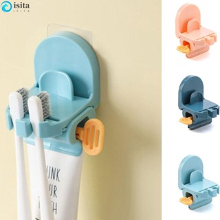 Isita เครื่องบีบหลอดยาสีฟัน ที่วางแก้วแปรงสีฟัน แบบพลาสติก ไม่ต้องเจาะ 3 in1 อเนกประสงค์ สีชมพูเข้ม น้ําเงินอ่อน ติดผนังบ้าน