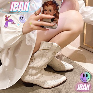 Ibaii. รองเท้าบูทมาร์ติน หัวแหลม ปักลาย สีขาว สไตล์ตะวันตก คาวบอย 5OVH