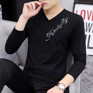 เสื้อยืดคอวี พิมพ์ลายตัวอักษร ประดับเพชรเทียม สําหรับผู้ชาย