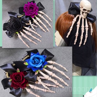 0908WSJ Halloween Dark Lolita Skull Hand Skeleton Barrettes Rose Bow Skull Hair Accessories Party Hairpin VXWB