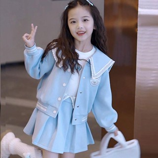 Girl Yugui Dog suit 2023 fall suit New Childrens Baseball suit College style jacket pleated skirt two-piece fashion