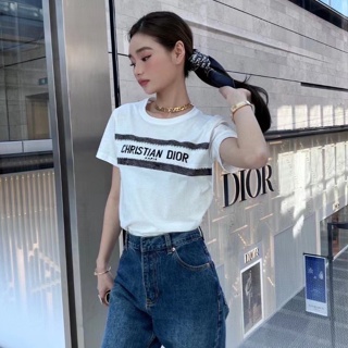 ♥ เช็คสินค้าก่อนสั่ง DIOR COTTON T-SHIRT รุ่นขายดี เสิ้อยืด คอกลม แต่งลูกไม้ งานสวย ดิออร์