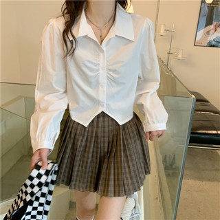 เสื้อครอปแขนยาว คอโปโล ทรงหลวม สีขาว สไตล์เกาหลี สําหรับผู้หญิง
