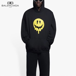 Balenciaga เสื้อกันหนาว มีฮู้ด ผ้าฝ้าย 100% พิมพ์ลายหน้ายิ้ม ทรงหลวม สไตล์อเมริกัน สําหรับผู้ชาย