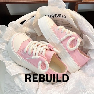 REBUILD รองเท้าผ้าใบผู้หญิง สีขาว พื้นหนา รองเท้าผ้าใบส้นสูงส้นหนา รองเท้าแฟชั่น ผูกเชือก 2023 NEW FYD23904UO 36Z230906