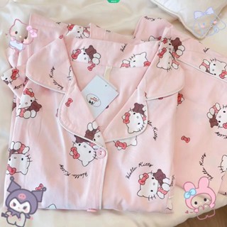 Sanrio ชุดนอนแขนยาว กางเกงขายาว ลาย Hello Kitty สีชมพูน่ารัก แฟชั่นฤดูใบไม้ผลิ และฤดูใบไม้ร่วง สไตล์เจ้าหญิง สําหรับผู้หญิง 2023