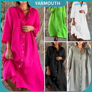 Yyr--ชุดเดรสเชิ้ต คอปก แขน 3/4 ทรงหลวม สีพื้น แฟชั่นฤดูร้อน สําหรับสตรี
