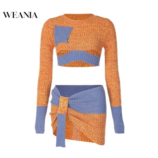 Weania เสื้อครอปท็อป แขนยาว ผ้าถัก และกระโปรง ทรงสลิมฟิต แฟชั่นสําหรับผู้หญิง