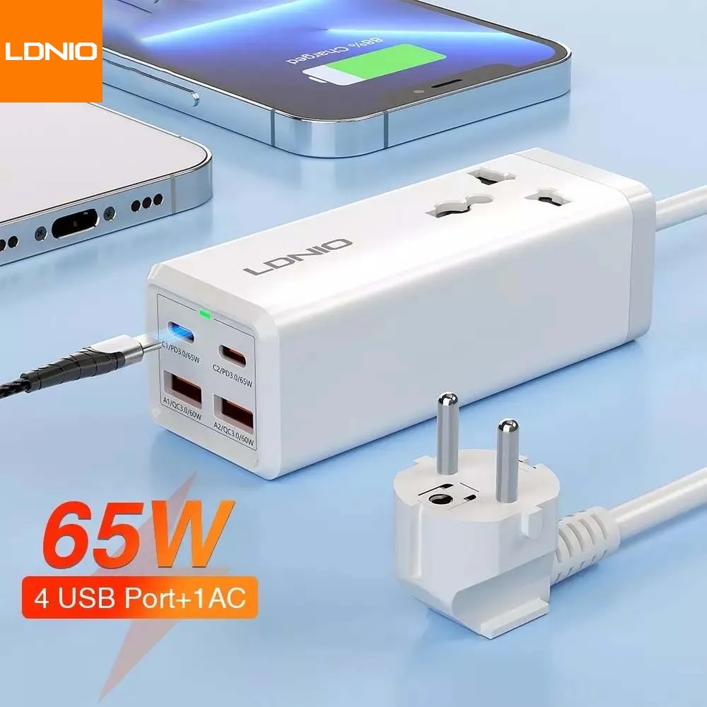 LDNIO รางปลั๊กไฟ 65W เดสก์ท็อป USB C ที่ชาร์จ สําหรับโทรศัพท์มือถือ แท็บเล็ต (SC1418)