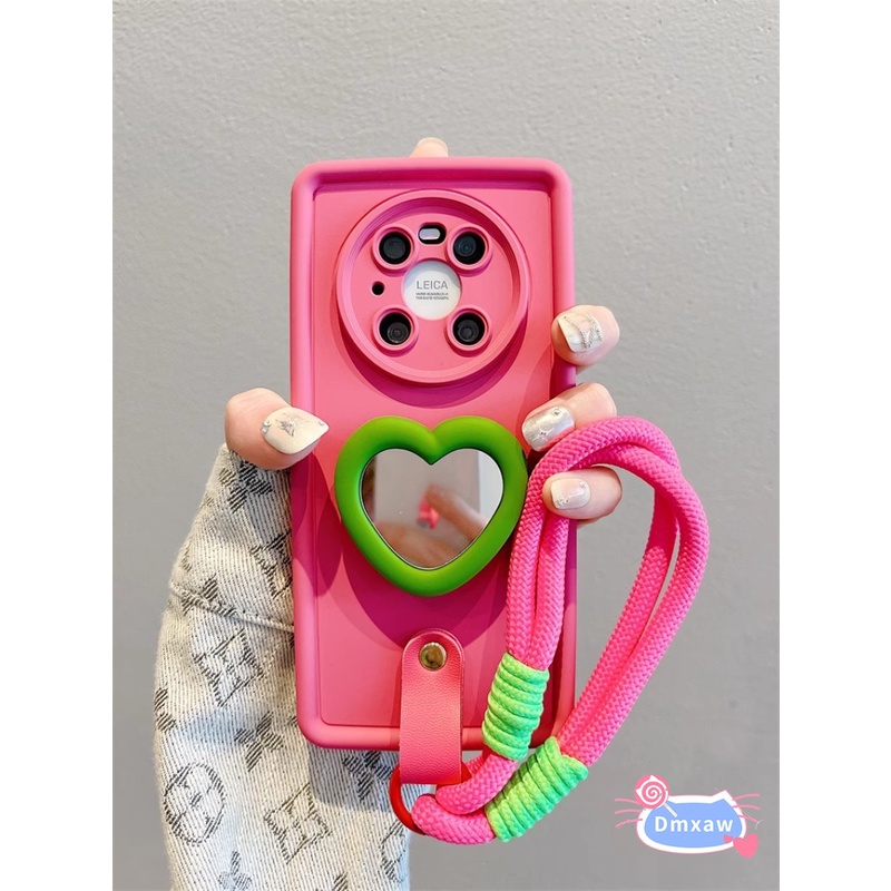 เคสโทรศัพท์มือถือซิลิโคน ลายหัวใจ พร้อมกระจกแต่งหน้า และสายคล้อง สีชมพู สําหรับ Samsung Galaxy S24 S23 S22 S21 Ultra Plus S24+ S23+ S22+ S23 S20 FE
