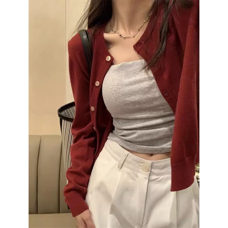 Xiao เสื้อแจ็กเก็ตกันหนาว แขนยาว ผ้าถัก สีแดง สไตล์ใหม่ เหมาะกับฤดูใบไม้ร่วง สําหรับผู้หญิง PSRW