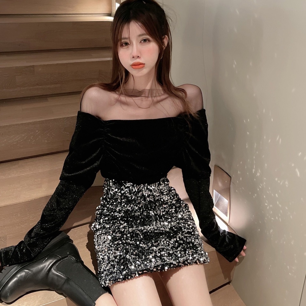 ชุดเสื้อแขนยาว เปิดไหล่ ผ้าตาข่าย และกระโปรง เอวสูง สีดํา แฟชั่นสําหรับสตรี