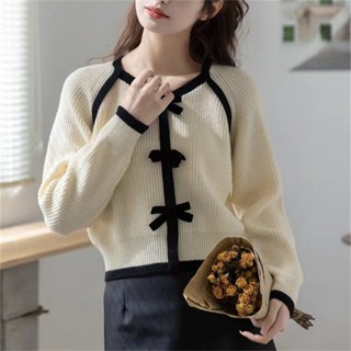 Linki ღ เสื้อกันหนาวถัก แขนยาว ประดับโบว์ ตัวสั้น แฟชั่นสําหรับผู้หญิง