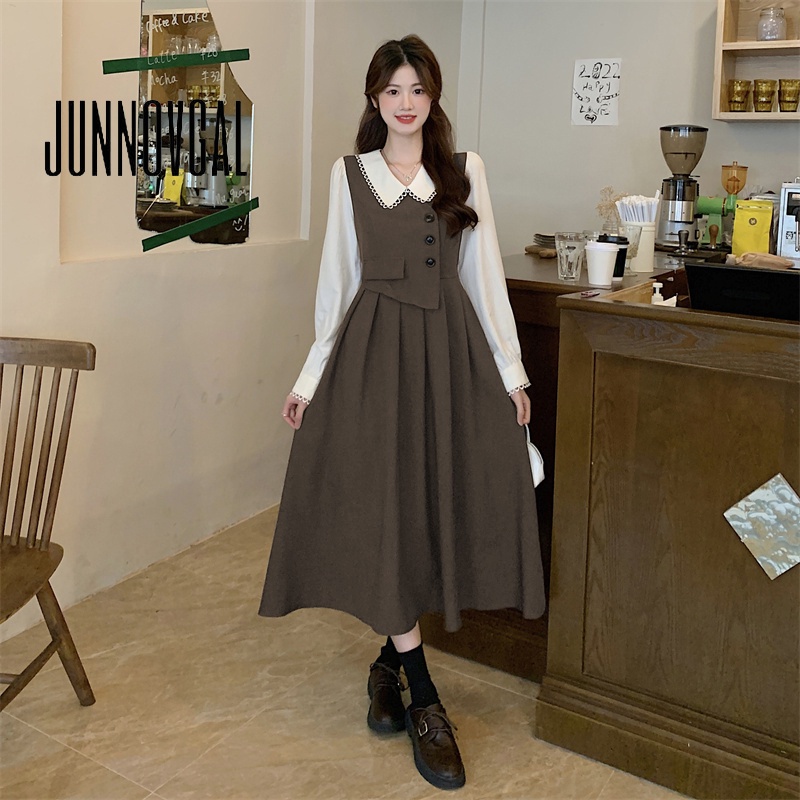 Junnovgal ใหม่ ชุดเดรส แขนยาว สองชิ้น แฟชั่น สไตล์วินเทจ สําหรับผู้หญิง 2023
