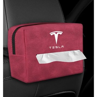 TESLA LOGO Tissue Bag MODEL S MODEL3 MODEL X MODEL Y Car Seat Back Hanging Tray Box Armrest Box Alcantara Material Zipper Storage Box