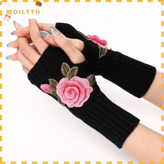 Moilyth ถุงมือข้อมือถัก ปักลายดอกไม้ ไร้นิ้วมือ สีขาว สีดํา แฟชั่นสําหรับผู้หญิง